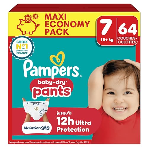 Pampers Baby-Dry Pants Taille 7, 64 Couches-Culottes, 15kg+, Protection 360° contre les fuites jour et nuit
