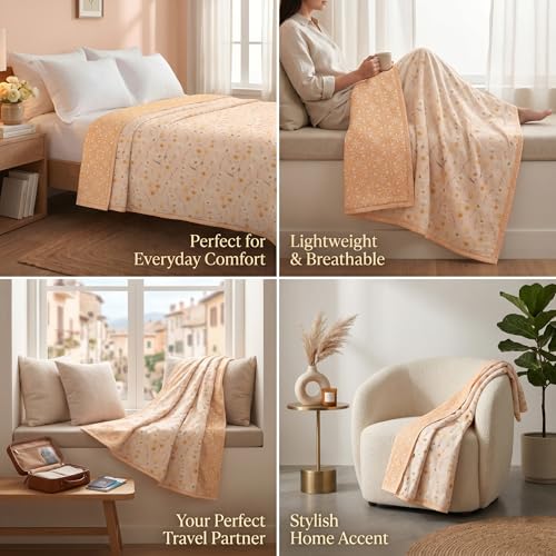 Image of HOMEKART Luxury Cotton Dohar Blanket for Double Bed | Ultra Soft Reversible AC Quilt | Floral Printed Lightweight Summer Blanket | 88x85 Inches (Peach Blossom Harmony)