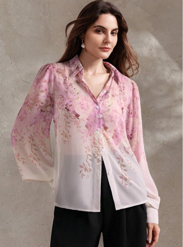 Image of Women Shirt || Women Top ||Autumn Leaves Print Polo Collar Shirt, Casual Long Sleeve (S-22-25)
