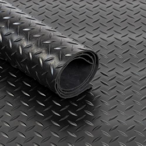Black Rubber Matting Roll | Thick Heavy Duty Flooring Mat Indoor & Outdoor Non-Slip Waterproof & Easy to Cut | Ideal for Garage Vans Gym Shed Floor | 1.5m Width 3mm (Checker Plate 0.5m x 1.5m)