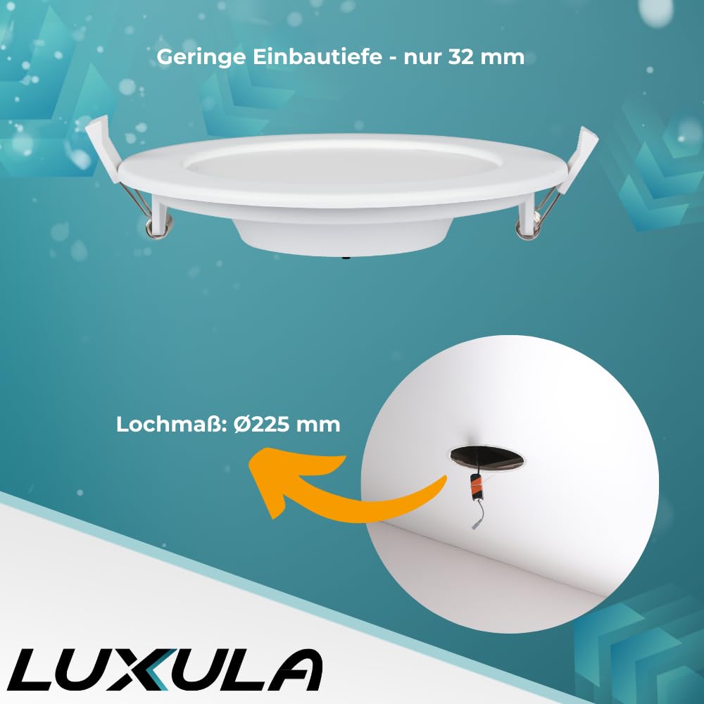 LUXULA 6x Einbaustrahler LED Spots 230V dimmbar - Warmweiß Neutralweiß Kaltweiß einstellbar - 24W 2565lm CCT Deckenspots flach Deckenstrahler IP44 Spotlight - matt weiß rund - 240x32mm
