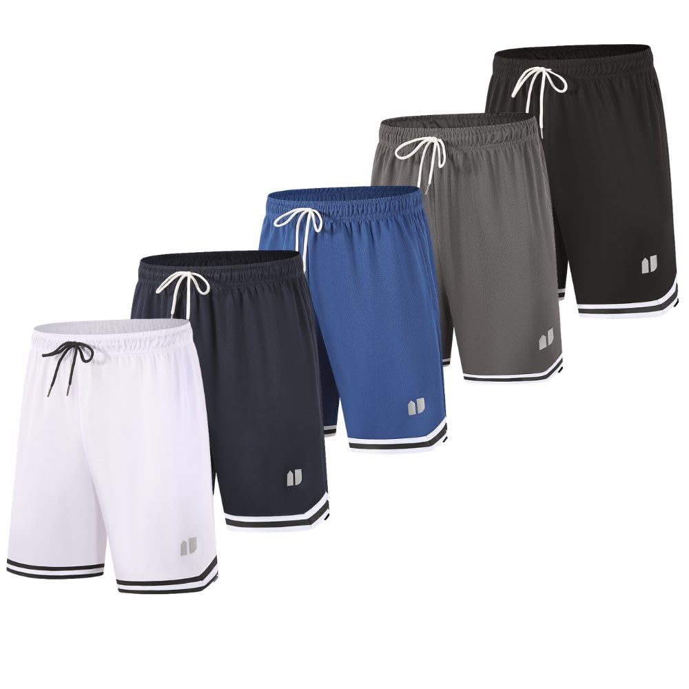 Paquete de 5 pantalones cortos deportivos para hombre, de secado rápido, para gimnasio, correr, fitness, entrenamiento, con bolsillos y cintura elástica