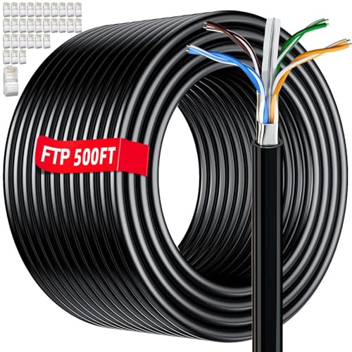 Cat 6 Outdoor Ethernet Cable 500ft (30 RJ45) FTP Cat 6 Shielded Ethernet Cable Bulk Heavy Duty 23AWG Direct Burial In-Ground POE Waterproof UV Resistant Cat6 Cables 500 feet for Router Gaming