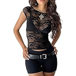Geagodelia Women's Lace Top Sexy Ladies Elegant See Through Mesh Top Long Sleeve Shirt Y2k Fashion Aesthetic Clothes Clubwear Going Out Summer Outfit (C - Black Short Sleeve, S)