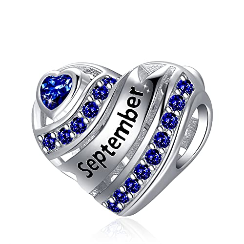 Birthstone Heart Charms for Charms Bracelet-925 Sterling Silver Love Heart Bead Charms for Bracelets and Necklaces, Birthday Gifts for Women.