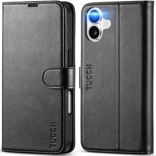 TUCCH Wallet Case for iPhone 16, [RFID Blocking] 4 Card Holder Kickstand [Shockproof TPU Interior Case] PU Leather Magnetic Closure Protective Flip Cover Compatible with iPhone 16 5G 2024, Black