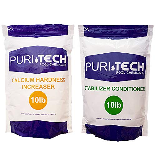 Puri Tech Chemicals 10 lb Calcium Hardness Increaser & 10 lb Stabilizer Conditioner Kit for Swimming Pools & Spas Balance Chemical Levels Keep Surfaces & Water Clean