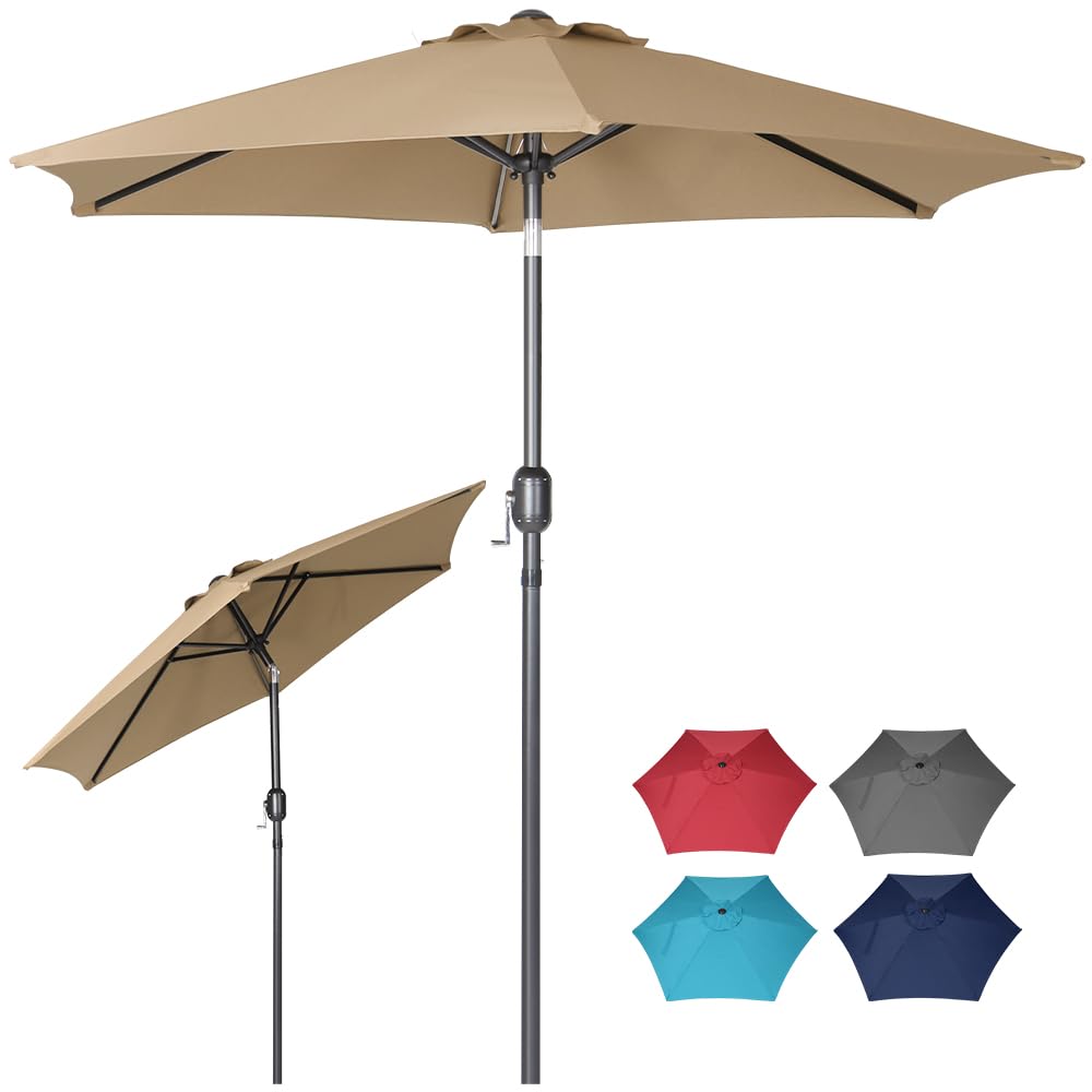 Panana 7.5FT Outdoor Patio Umbrella Table Umbrella Steel Polyester Market Umbrella Yard Umbrella with 6 Sturdy Ribs, Push Button Tilt and Crank for Deck, Garden, Backyard, Pool