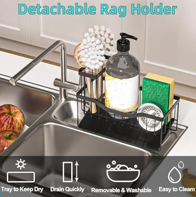 Sponge Holder for Kitchen Sink with Auto Draining Tray,Kitchen Sink Caddy Organizer with Rag Holder, Rustproof Stainless Steel Kitchen Organizers Soap Dispenser Storage Organize