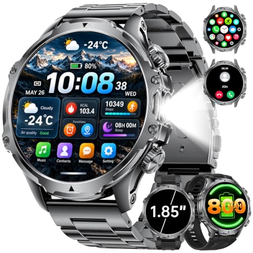 LIGE Montre Connectée Homme, Grand Écran HD 1,85''/800mAh/Torche LED, Smartwatch avec Appel Bluetooth, Étanche 5ATM, 110+ Modes Sportifs, Suivi Fréquence Cardiaque et Sommeil, Android/iOS