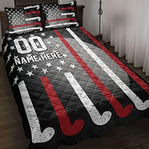 OhaPrints Custom Field Hockey Stick American Flag Personalized Name Number Quilt Blanket & Pillowcases, Quilts Bedding Set & Pillow Cover, King Queen Double Twin Throw Full Size Bedspread Bed Sets