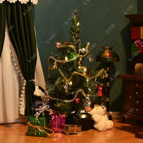 iLAND Dollhouse Accessories of Christmas Decorations, Shining Miniature Christmas Tree w/Gifts fit Elf Door & Fairy Door on 1:12 Scale