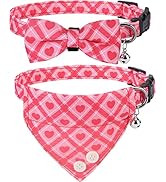 FATCOOLGOO Dog Collar with Detachable Bow Tie and Bandana Sets - 2 Pack Classical Pink Buffalo Pl...