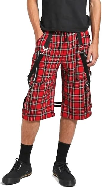 Punk Gothic Cargo Shorts, Red Plaid Pattern, Zipper Pockets, Straps