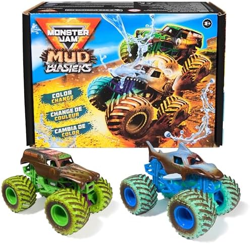 Monster Jam Mud Blasters, Grave Digger and Megalodon Color Changing Trucks 2-Pack, 1:64 Die Cast Vehicle, Kids Toys for Boys and Girls 3 and Up