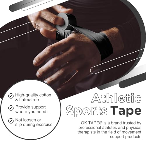Image of OK TAPE Athletic Sports Tape(4 Packs) Black- 32.8ft Per Roll Athletic Tape for Injuries,Strong Stick No Residue Athlete & Sport Trainers First Aid Injury Wrap, Hockey Stick