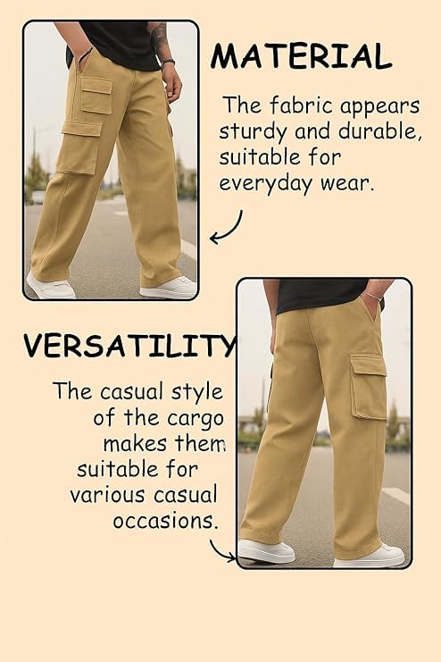 Image of Men Cargo Pants 100% Cotton | Relaxed Fit Utility Cargos for Men with 6 Pockets | Breathable Durable Fabric | Casual Streetwear Travel & Outdoor Pants