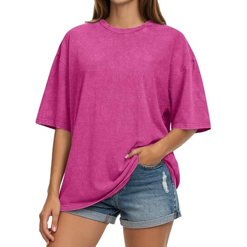 rosemia Oversized Tshirts for Women Acid Wash Short Sleeve Cotton Shirts Vintage Baggy Tops 2026