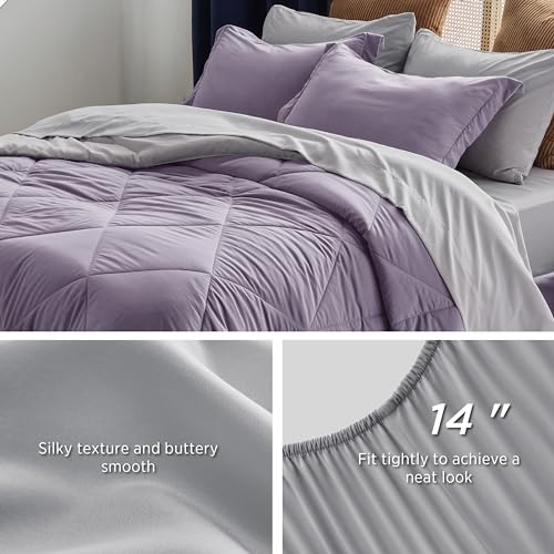 Image of Bedsure Twin XL Comforter - 5 Pieces Reversible Grayish Purple Bed in a Bag, Twin XL Bedding Comforter Set College Dorm Essentials with 1 Flat Sheet, 1 Fitted Sheet, 1 Pillowcase and 1 Pillow Sham