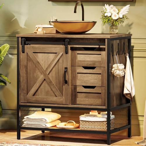 Concho 30'' Farmhouse Bathroom Vanity with Vessel Sink, Bathroom Sink Storage Cabinet with LED Light & Sliding Barn Door, Bathroom Vanity Cabinet, Adjustable Shelf 3 Drawers Side Hooks, Rustic Brown