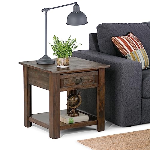 Simplihome Monroe Solid Acacia Wood 22 Inch Wide Square Rustic End Side Table In Distressed Charcoal Brown With Storage, 1 Drawer, For The Living Room And Bedroom #TOP1