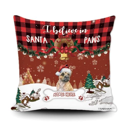 GABSHAIM Custom Border Terrier Dog Christmas Throw Pillow Cover I Believe in Santa Paws Watercolor Dog Print Red Buffalo Plaid Xmas Sofa Home Decor Pillowcase Canvas 16x16 Inch