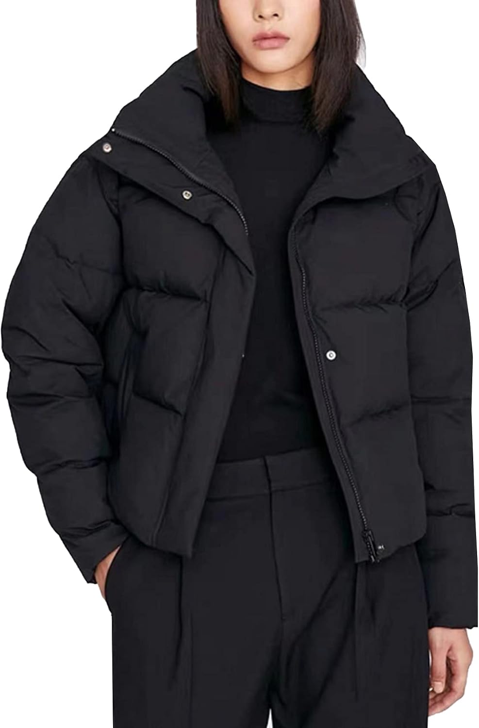 Flygo Women's Winter Long Sleeve Zip Up Puffer Jacket Baggy Crop Quilted Down Coat