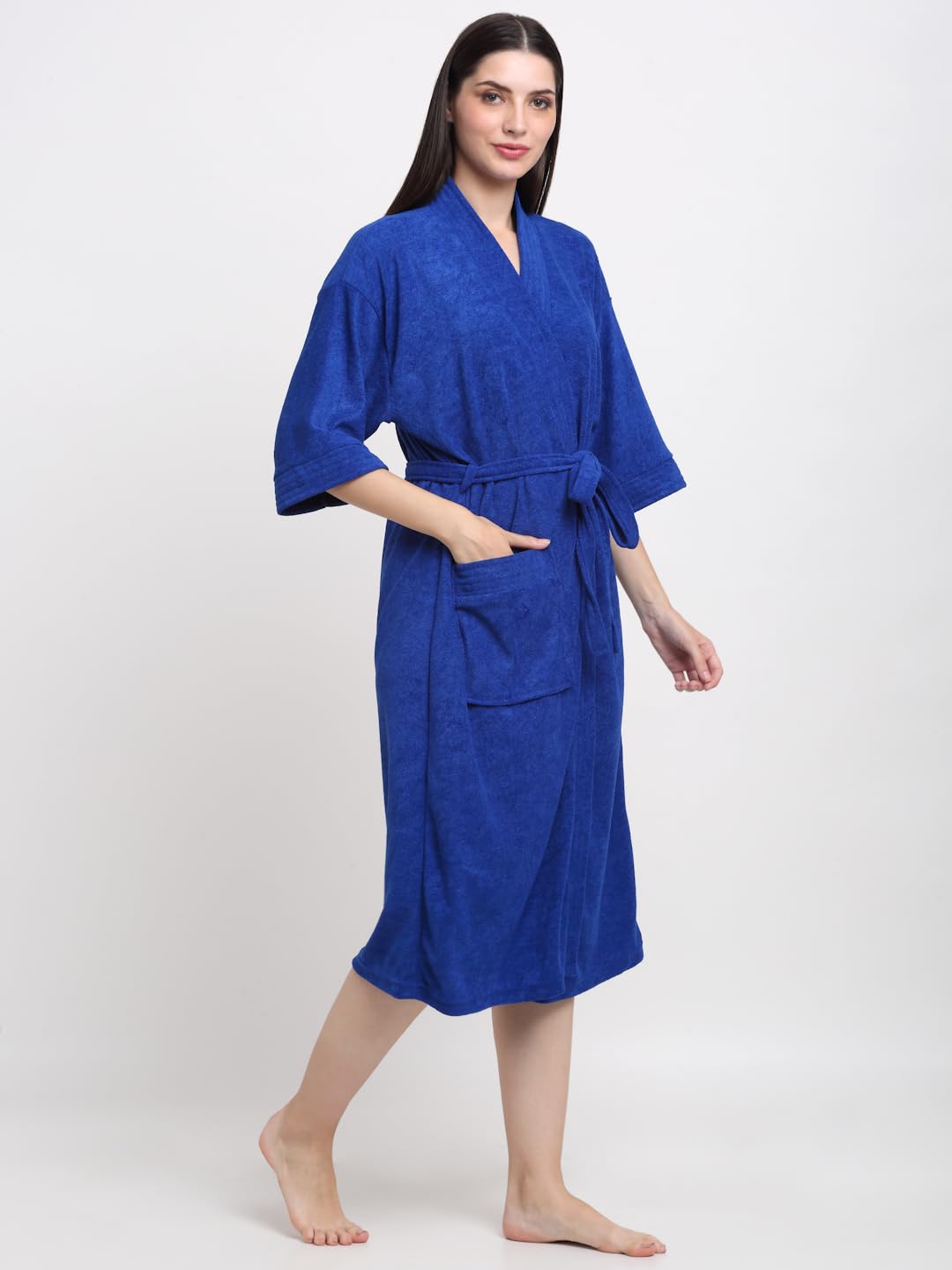 CREEVA Everyday Unisex Micro Terry Bathrobe Collection With kimono collar and 1 Pocket, 3/4 Sleeve Bath Robe Super Soft Light Weight - Turkish Blue - Image 2 thumbnail