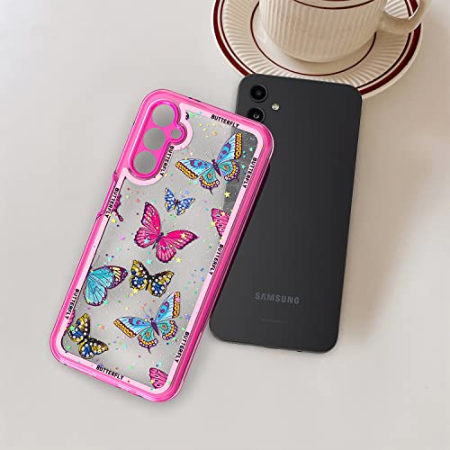 Kachen For Samsung Galaxy A14 5G Case, Hot Pink Frame 3D Rhinestone Butterfly Slim Fit Shimmer Sparkle Hybrid Shockproof Bumper Cell Phone Case For Women Girls #TOP6