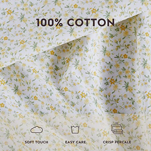 Image of Laura Ashley - Full Size Sheet Set, Crisp & Lightweight Cotton Percale Bedding with Fitted Sheet and Pillowcases, Floral Room Decor, Deep Pocket, College Dorm Room Essentials (Evie Yellow)