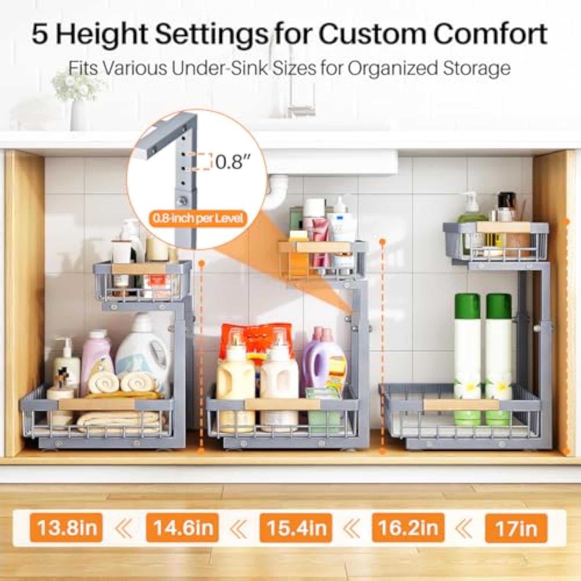 Adjustable Height 2-Tier Pull Out Under Cabinet Organizer