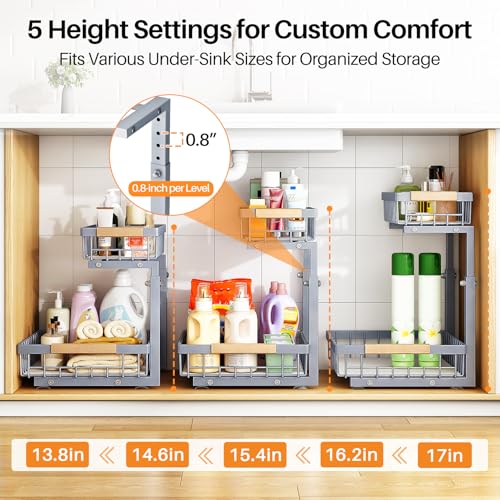 Image of PXRACK Under Sink Organizer, Adjustable Height, 2 Tier Pull Out Under Cabinet Organizer, Slide Out Thickened Metal Under Sink Storage for Kitchen Bathroom Laundry Pantry Cabinet, Grey, Large-1-Pack