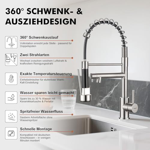 Ibergrif M22144A Küchenarmatur Ausziehbar mit Brause, Wasserhahn Küche Spiralfeder 360° Schwenkbar, Spültischarmatur Einhebelmischer 2 Strahlarten, Hochdruck Mischbatterie Edelstahl