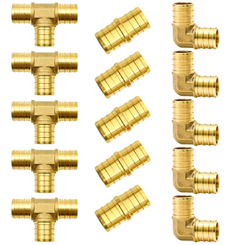 15pcs 3/4" PEX Fittings, Elbow TEE Straight Couplings Set, PEX Brass Crimp Fitting Combo with Tees, Elbows, Straights