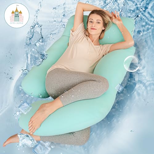 Image of Cute Castle Cooling Cover Pregnancy Pillows, Soft U-Shape Maternity Pillow with Removable Cover - Full Body Pillows for Adults Sleeping - Pregnancy Must Haves - Jumbo 57 Inch - Turquoise