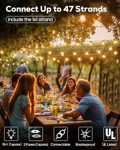 Image of LITVERSE String Lights for Outside 50 FT, Outdoor Lights for Patio with 50 + 1 Shatterproof LED Edison Bulbs, G40 Waterproof Connectable Hanging Lights for Backyard Bistro Party Balcony