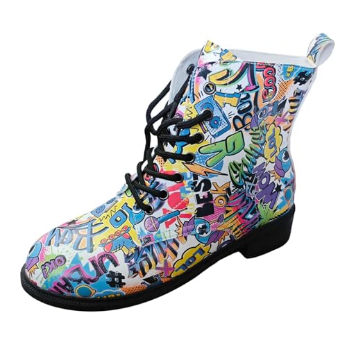 2025 Botines de mujer de talla grande de tacón bajo botines con cordones bajos para mujer, botas de moda con tacón grueso lacado negro, rojo, 37 EU