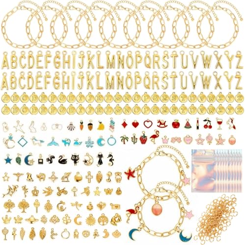 wxfhtda Charm Bracelet Making Kit for Adults & Teens 428 Pieces DIY Charm Bracelet Set with Gold Charms Including Paperclip Chain Bracelets Charms Jump Rings for Jewelry Making