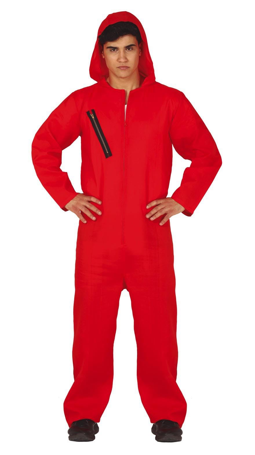 FIESTAS GUIRCA | Adult Convict Fancy Dress Costume (XL) - Hood and Jumpsuit - Prisoner and Thief Costumes for Halloween, Carnival and Movie Parties - Ideal for Adults - Red