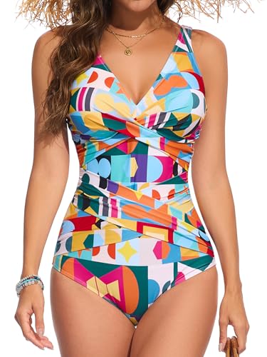 Image of Smismivo Tummy Control Swimsuits for Women Slimming One Piece Bathing Suit Retro Ruched Push Up Vintage Padded Swimwear