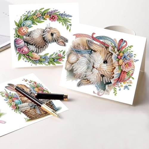 Tontut 6pcs Diamond Art Painting Kit Greeting Card, Basket Bunny 5D DIY Diamond Handmade Holiday Glitter Greeting Card with Envelope, Easter Day Holiday Gift Congratulation by Tontut - Image 6