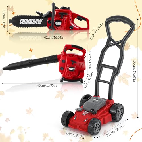 Arrowbash 3 Pcs Toy Gardening Tool Set for Kids Toy Leaf Blower Chainsaw Push Lawn Mower Pretend Set with Lights and Sounds Christmas Birthday Gifts for Boys Girls