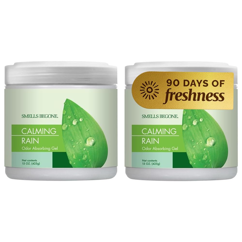 - SMELLS BEGONE 15oz Gel Odor Eliminator - Absorb & Remove Tough Odors in Pet Areas, Bathrooms, Basements, Garage, Cars, RVs & Boats - Eliminate Odors Quickly (2-Pack, Calming Rain)