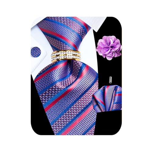 Image of 5PCS Mens Silk Tie, Pocket Square, Cufflinks, Drilled Tie Ring and Lapel Pin Set for Wedding Groom Party