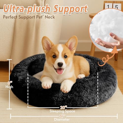 Image of JOLLYVOGUE Calming Dog Bed Medium Size Dog, 31in Donut Washable Medium Pet Bed, Anti-Slip & Anti-Anxiety Fluffy Faux Fur Round Dogs Bed, Fits up to 45 lbs Pets (Black)