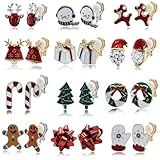 VGGAEELY 12 Pairs Christmas Clip on Earrings Cute Snowman Tree Moose Gloves Bells Socks Santa Festive Holiday Earrings Set