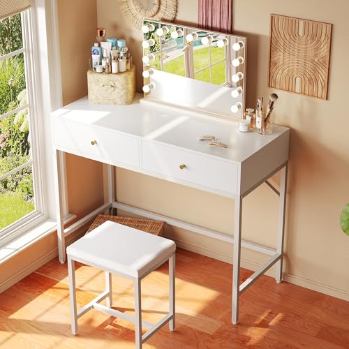 Image of SUPERJARE 31.5 inch White Desk with 2 Drawers, Modern Makeup Vanity