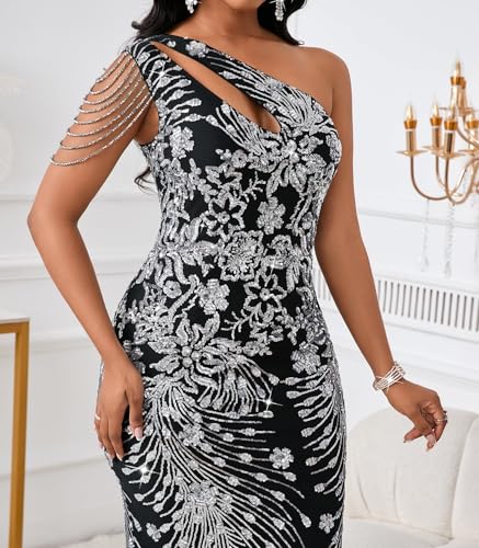 Image of Cololura Women Sequin Elegant Sexy One Shoulder Tassel Mermaid Bodycon Cocktail Evening Dress