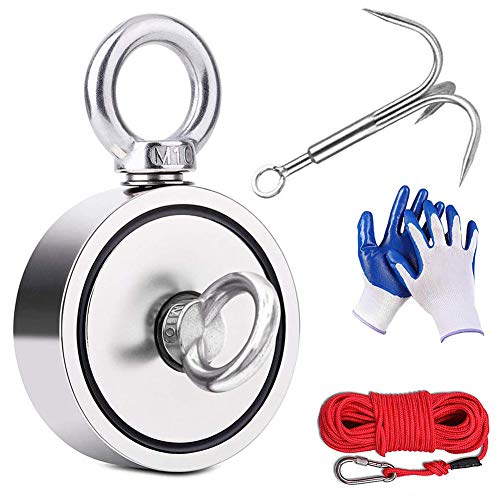 Eviswiy Fishing Magnet Kit Double Sided 660Lbs With Rope Grappling Hooks Carabiner Glove Large Strong Rare Earth Neodymium N52 Magnets For Magnet Fishing Treasure Hunting Underwater Retrieving #TOP24