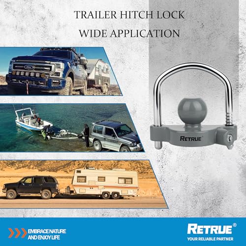 Image of RETRUE Universal Coupler Lock Trailer Locks Ball Hitch Trailer Hitch Lock Adjustable Security Heavy-Duty Steel Fits 1-7 /8 Inch, 2 Inch, 2-5 /16 Inch Couplers, Grey